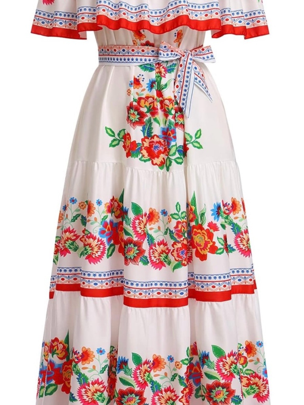 White Floral Maxi Skirt with Red Trim and Tie Waist